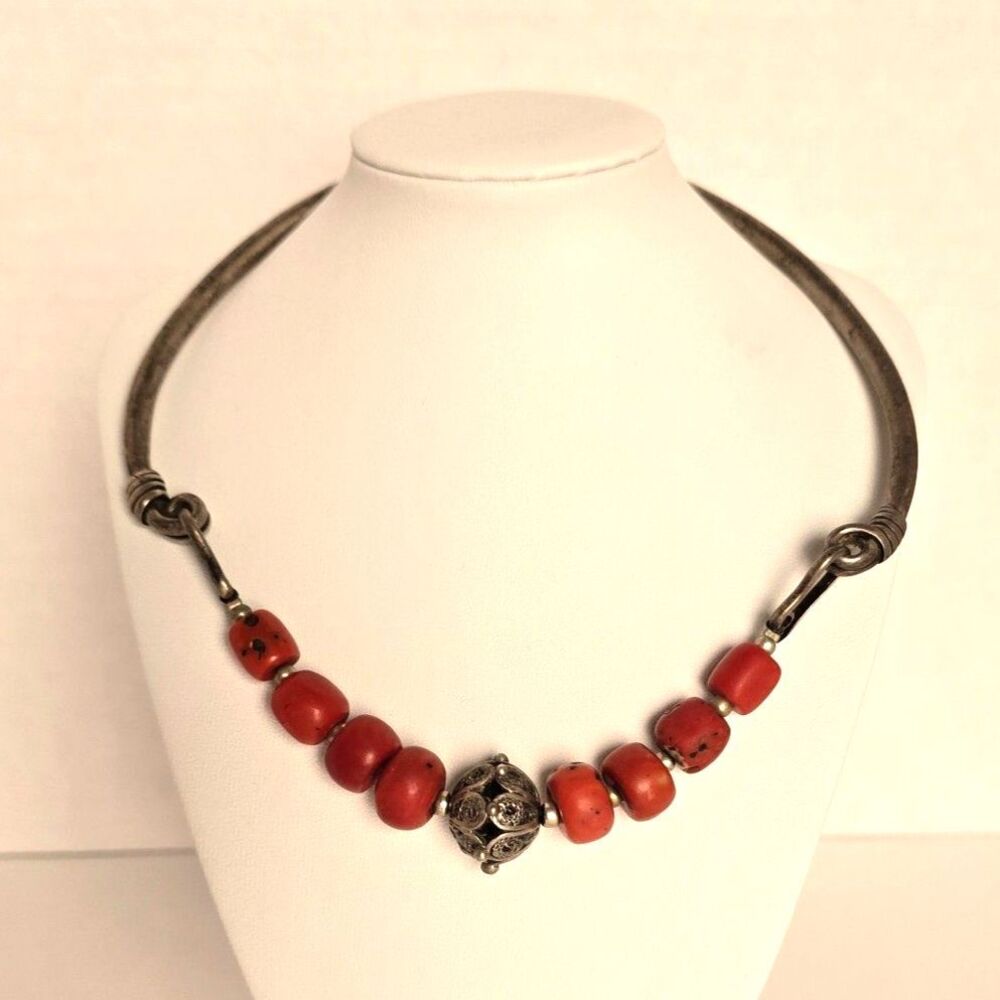 925 STERLING SILVER Coral Beaded Necklace Filigree Centerpiece Artisan Design